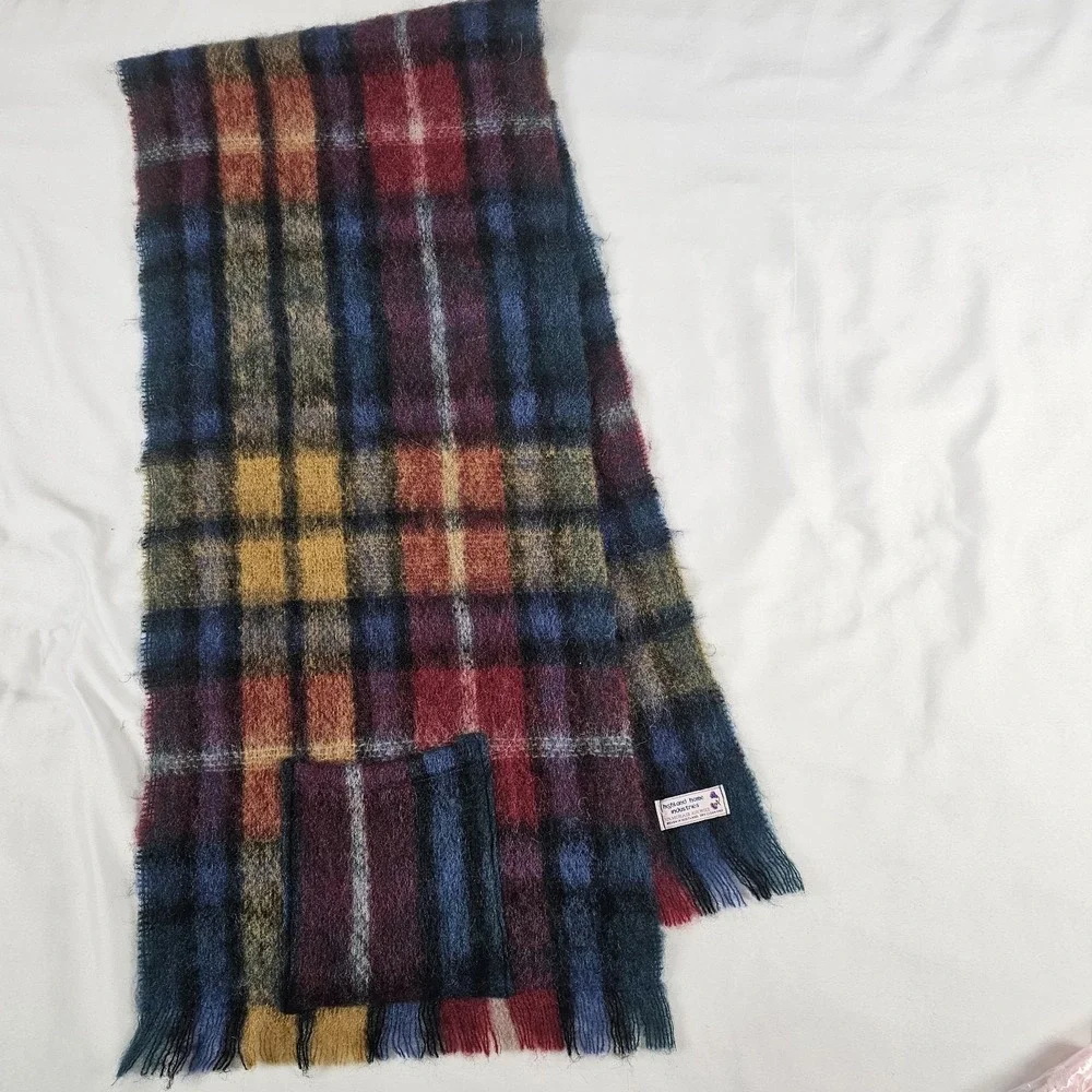 Vtg Highland Home Ind Mohair Wool Shawl Pockets Red‎ Yellow Plaid Scarf  16 X 74